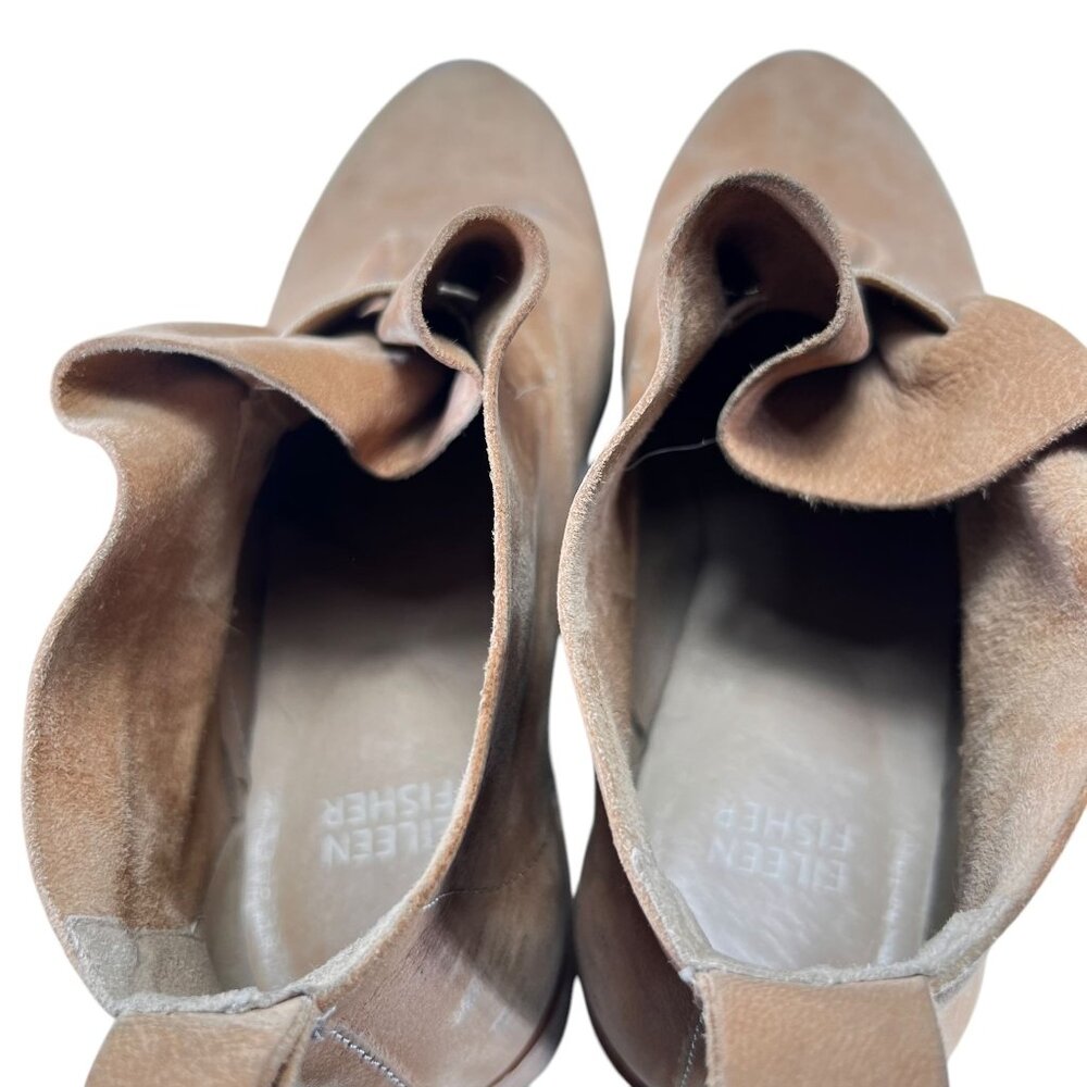 Eileen Fisher Tan Leather Ankle Boots Elastic Gore Low Block Heel Pull Tabs Sz 8 - Picture 9 of 16